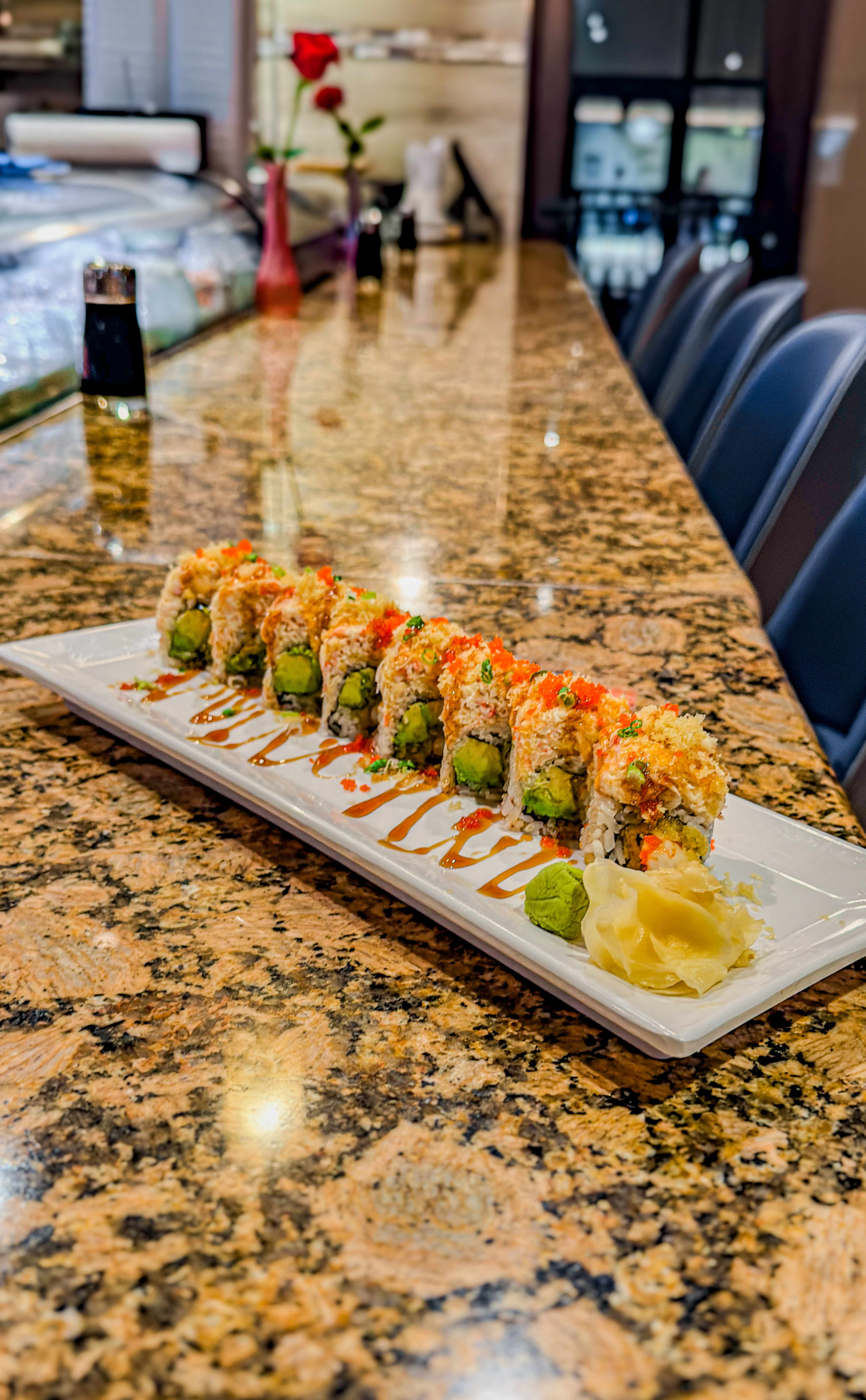 Crunch roll on the sushi bar